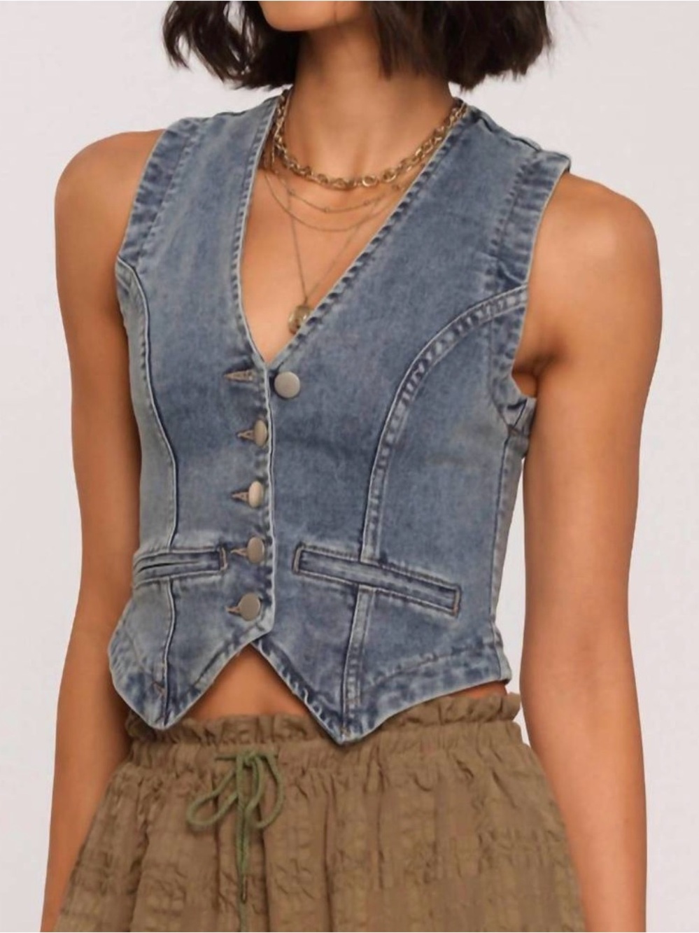 Heartloom Faded Denim Button-Front Crop Vest - Blue